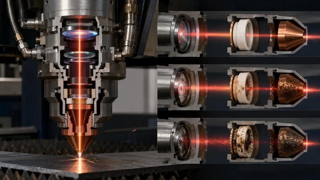 Create a realistic technical close-up comparison of a high-quality laser protective window and a poor-quality damaged protective window inside an industrial fiber laser cutting head, showing contamination, overheating and optical damage on the low-quality component, precise engineering visualization, photorealistic metal and optical materials, no text, no labels, no logos, no watermark, 16:9.